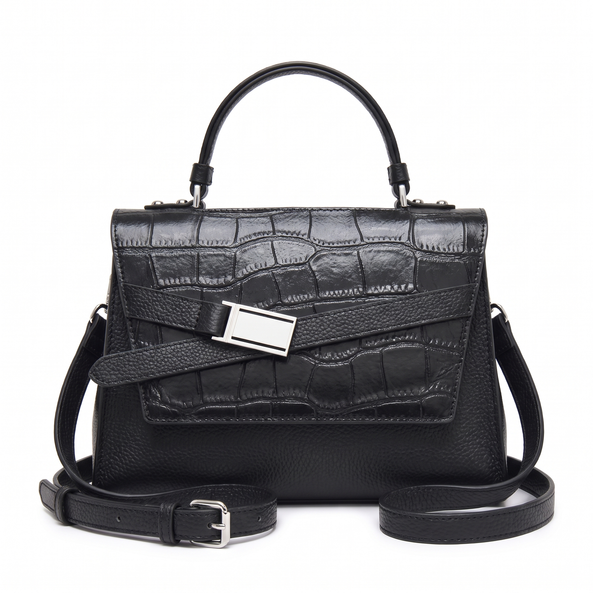 Croc Faux Leather Top Handle Satchel for Women, Dusty Blue Belted Flap Bag