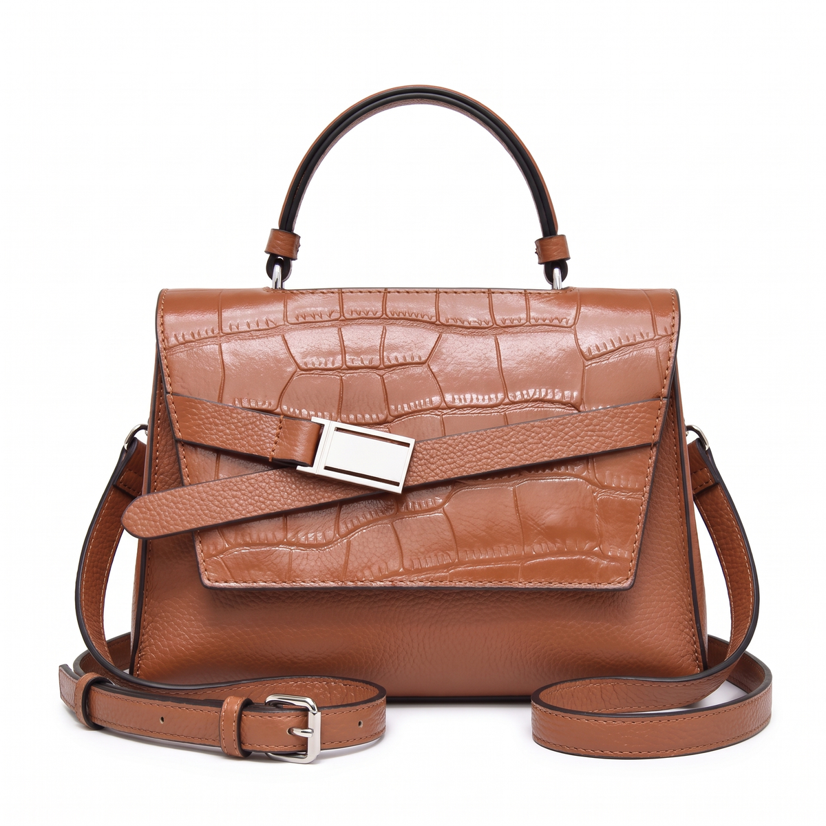 Croc Faux Leather Top Handle Satchel for Women, Dusty Blue Belted Flap Bag