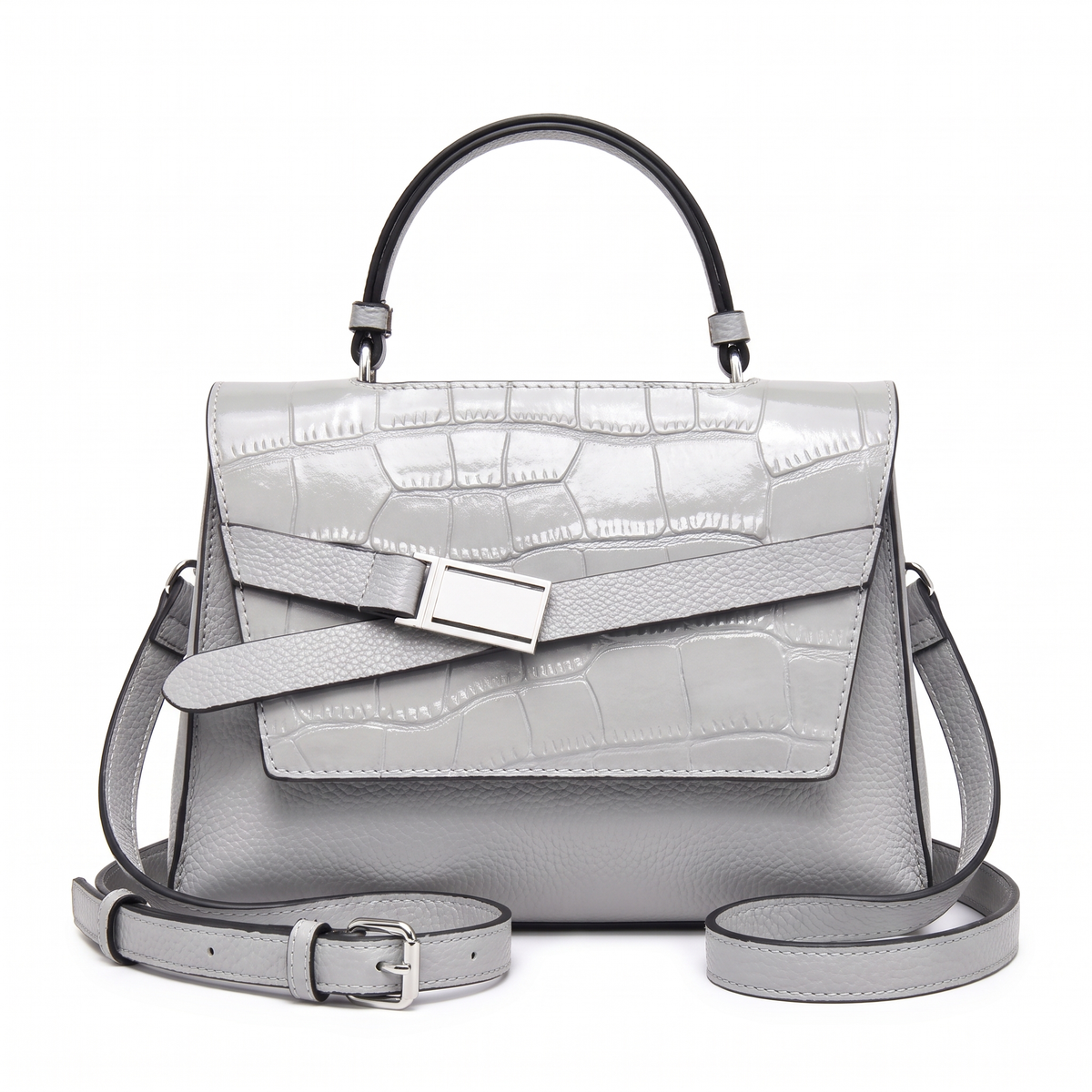 Croc Faux Leather Top Handle Satchel for Women, Dusty Blue Belted Flap Bag