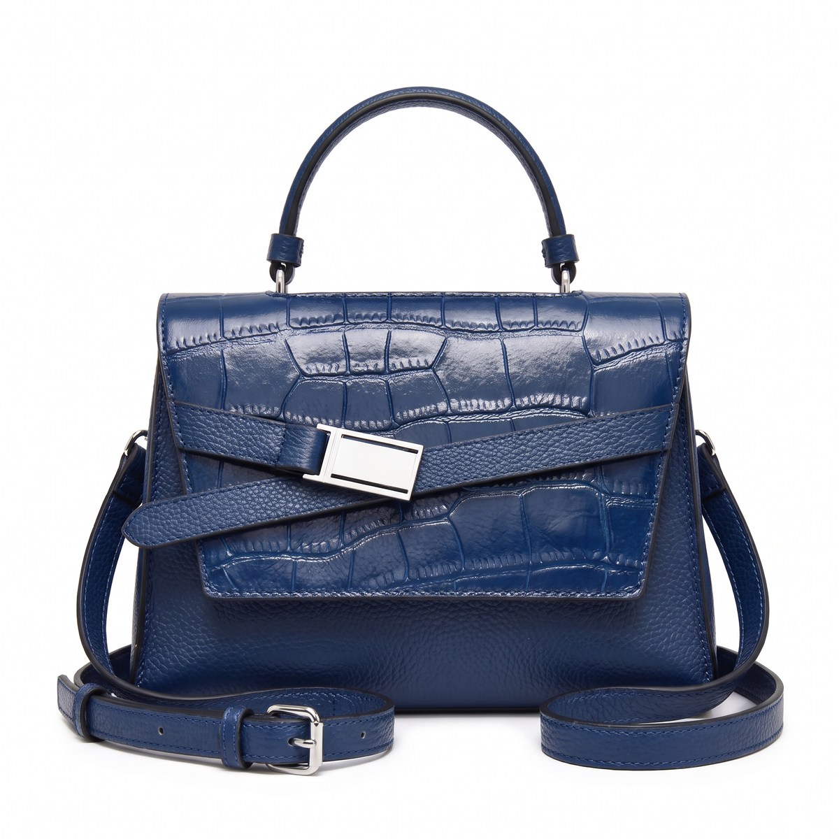 Croc Faux Leather Top Handle Satchel for Women, Dusty Blue Belted Flap Bag