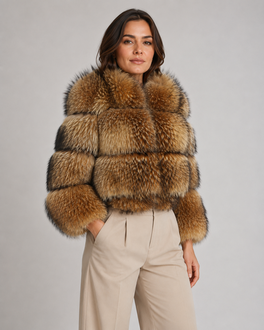 Women's Cropped Faux Fur Jacket with Oversized Collar