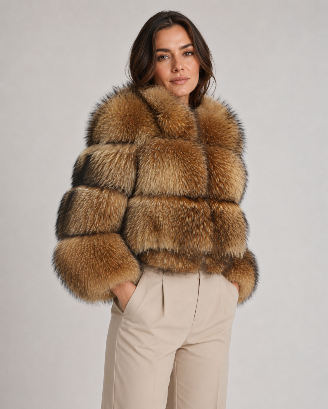 Women's Cropped Faux Fur Jacket with Oversized Collar