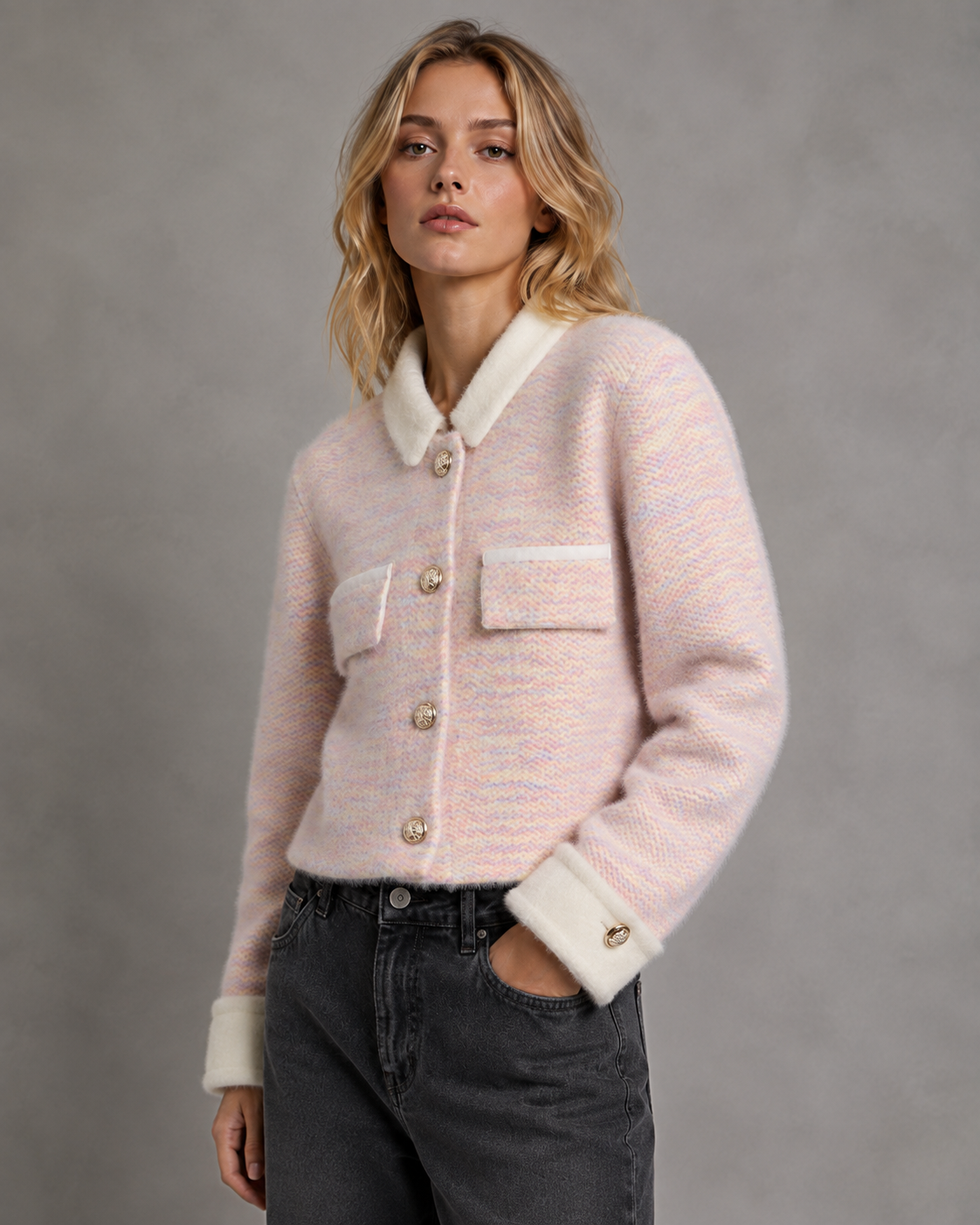 Women's Cropped Fuzzy Knit Cardigan – Contrast Collar and Cuffs