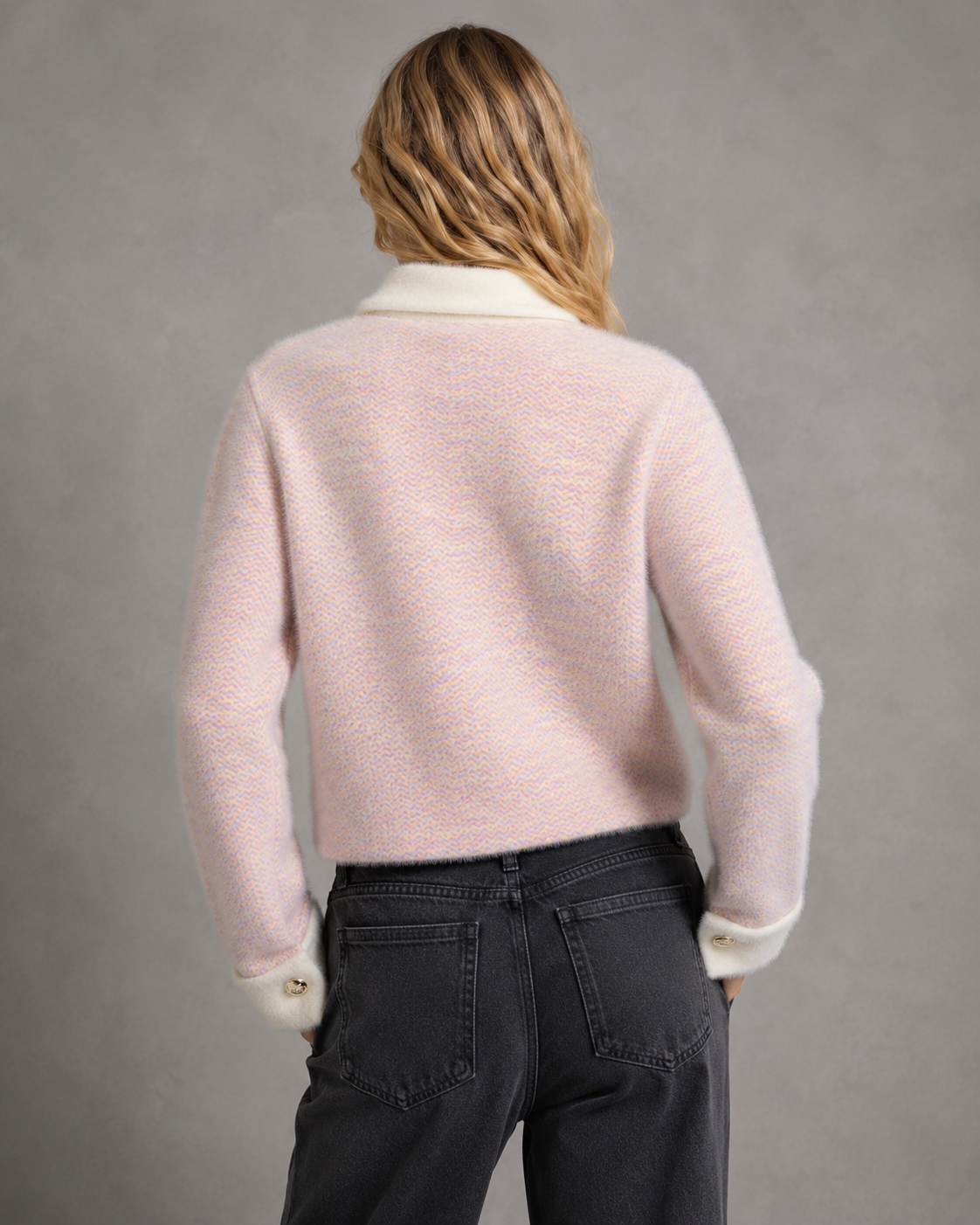 Women's Cropped Fuzzy Knit Cardigan – Contrast Collar and Cuffs