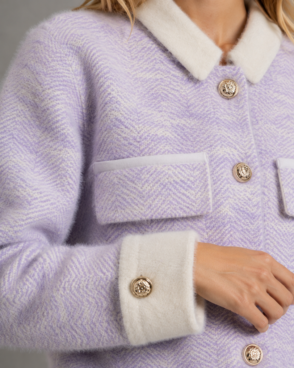 Women's Cropped Fuzzy Knit Cardigan – Contrast Collar and Cuffs