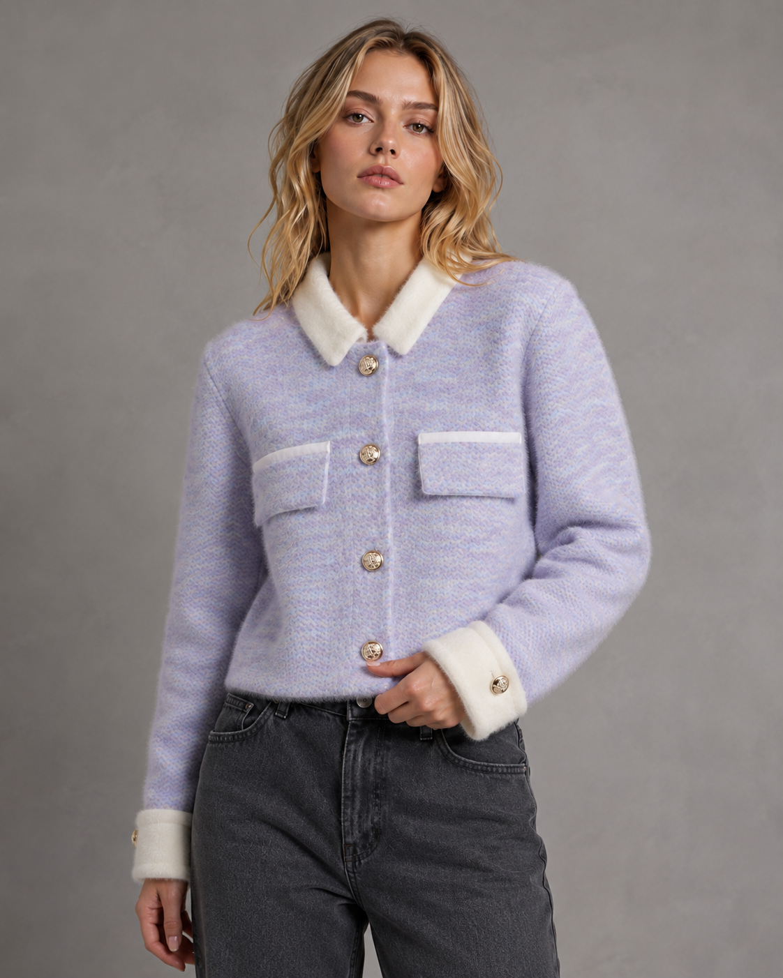 Women's Cropped Fuzzy Knit Cardigan – Contrast Collar and Cuffs