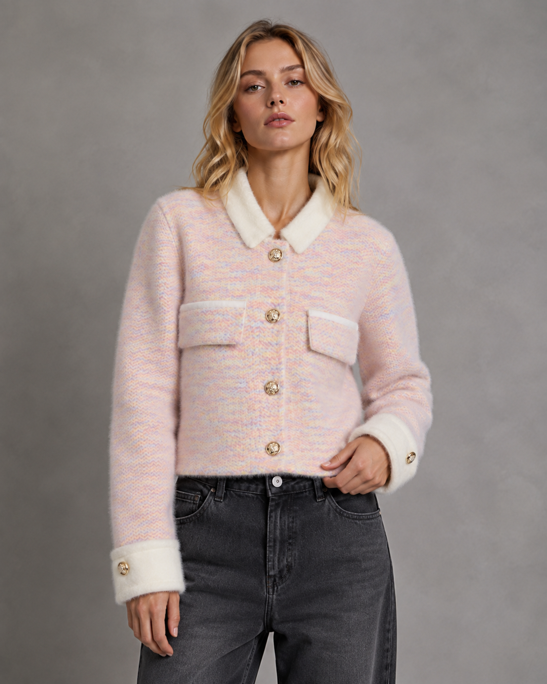 Women's Cropped Fuzzy Knit Cardigan – Contrast Collar and Cuffs