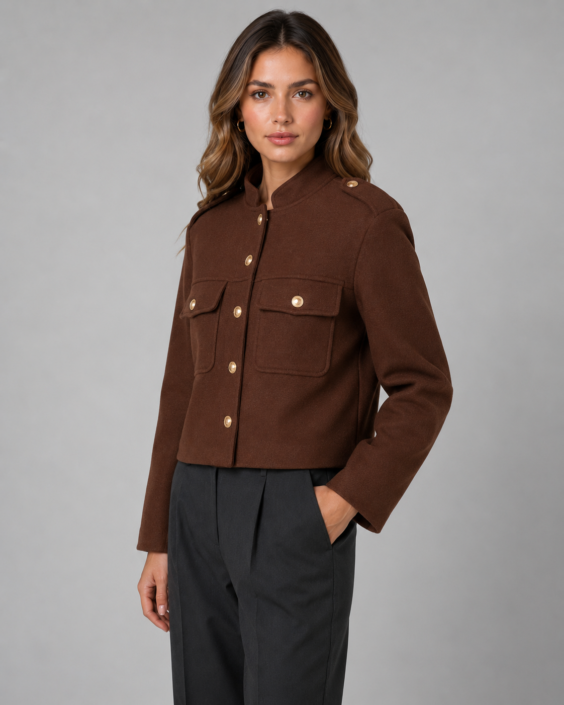 Women's Structured Cropped Jacket – Gold Buttons and Stand Collar
