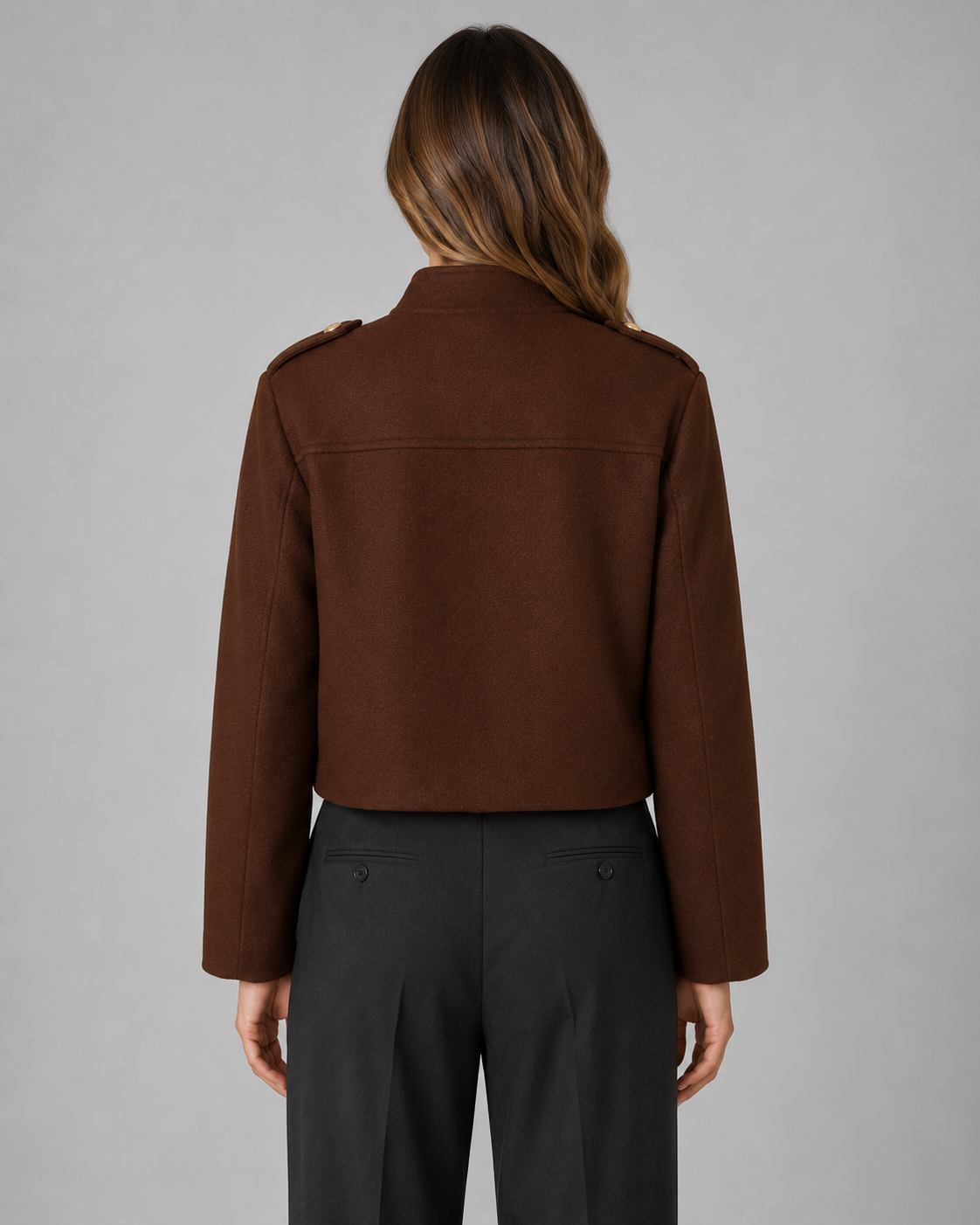 Women's Structured Cropped Jacket – Gold Buttons and Stand Collar