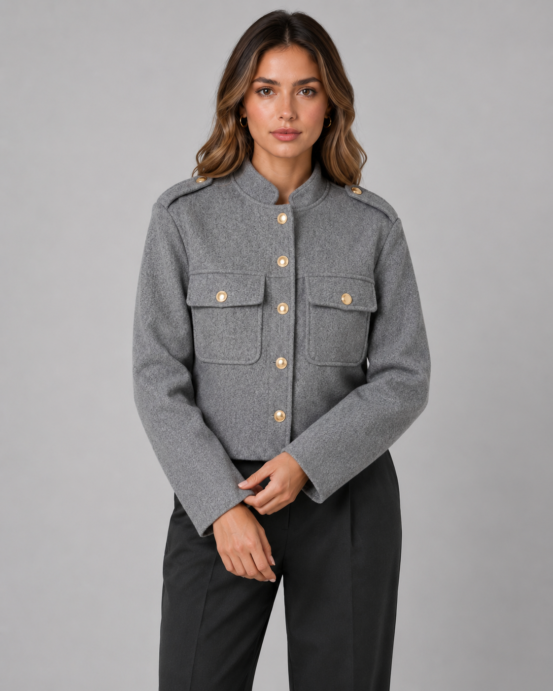 Women's Structured Cropped Jacket – Gold Buttons and Stand Collar