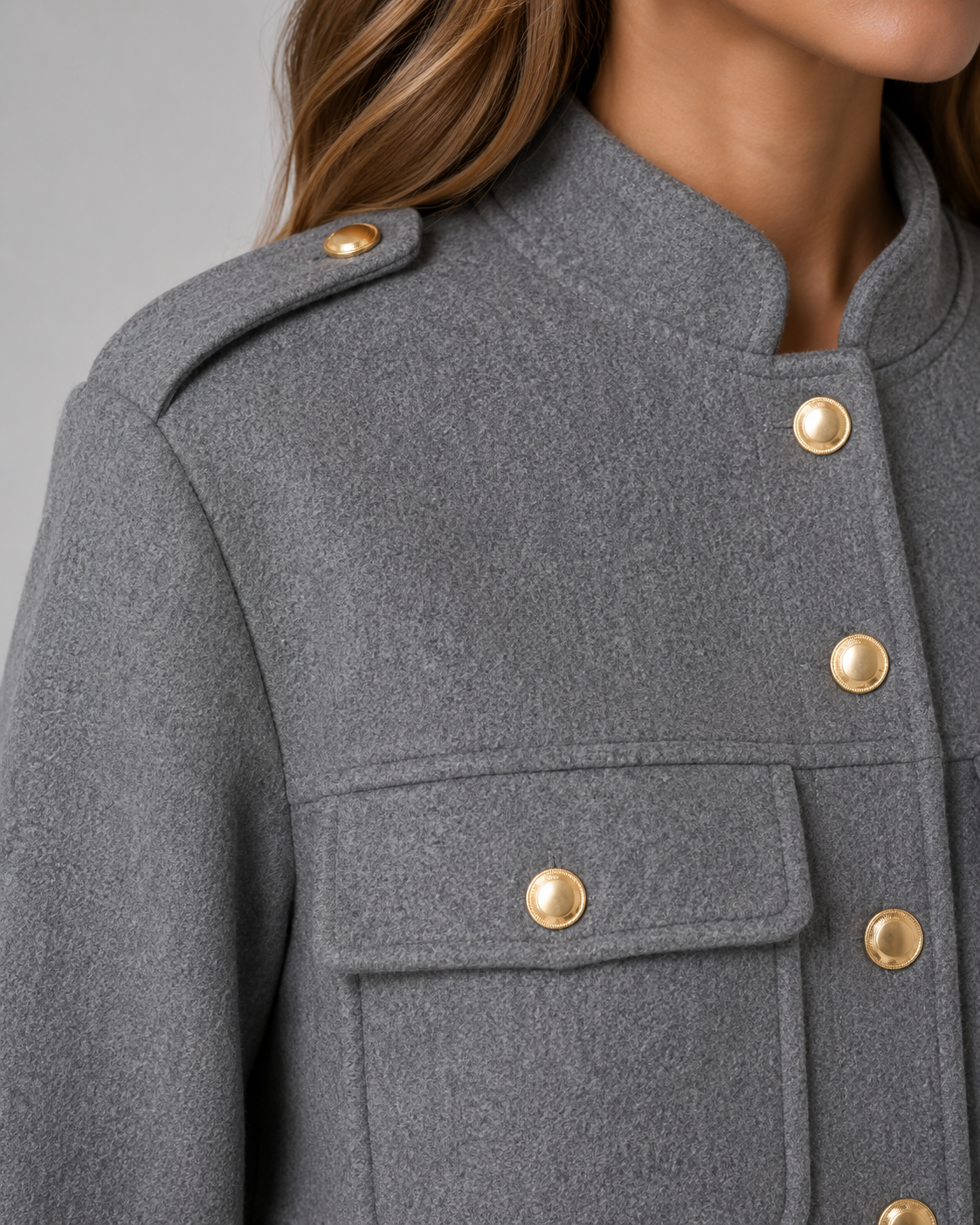 Women's Structured Cropped Jacket – Gold Buttons and Stand Collar