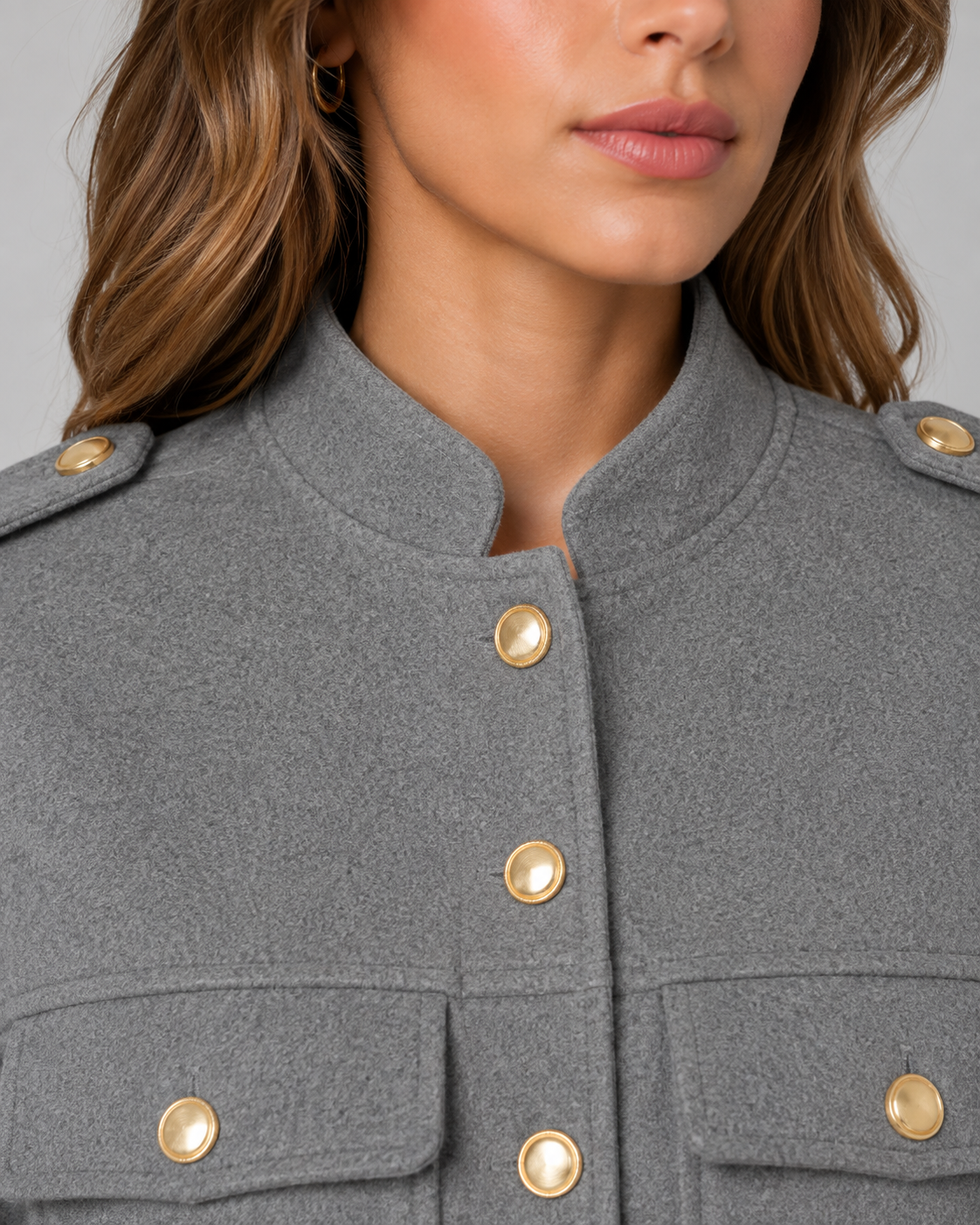 Women's Structured Cropped Jacket – Gold Buttons and Stand Collar