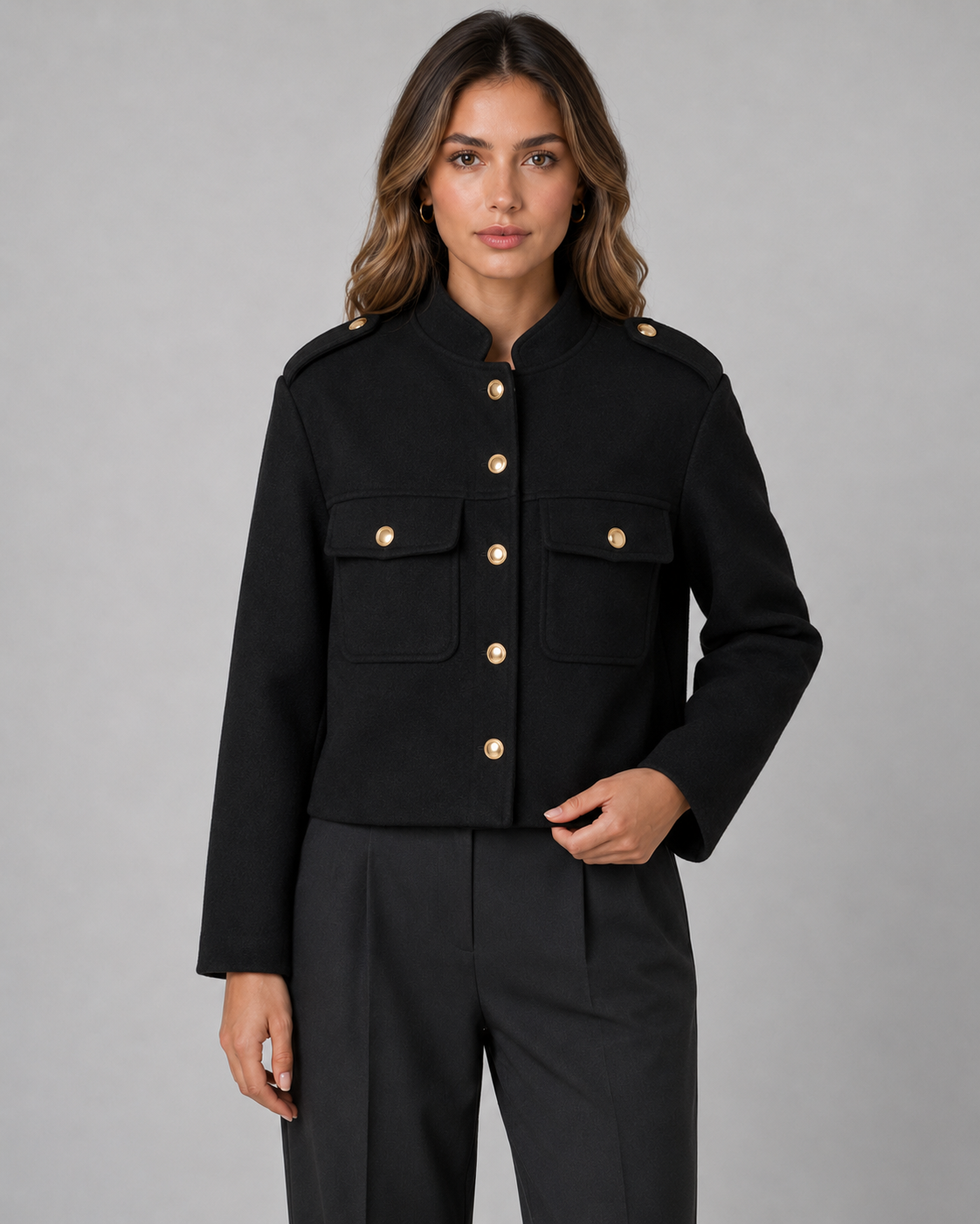 Women's Structured Cropped Jacket – Gold Buttons and Stand Collar