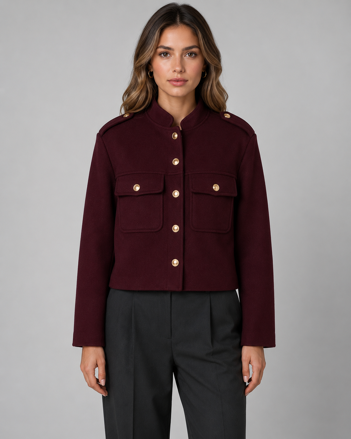 Women's Structured Cropped Jacket – Gold Buttons and Stand Collar