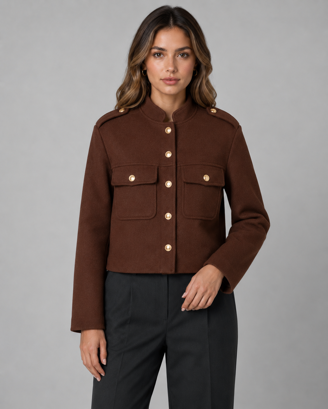 Women's Structured Cropped Jacket – Gold Buttons and Stand Collar