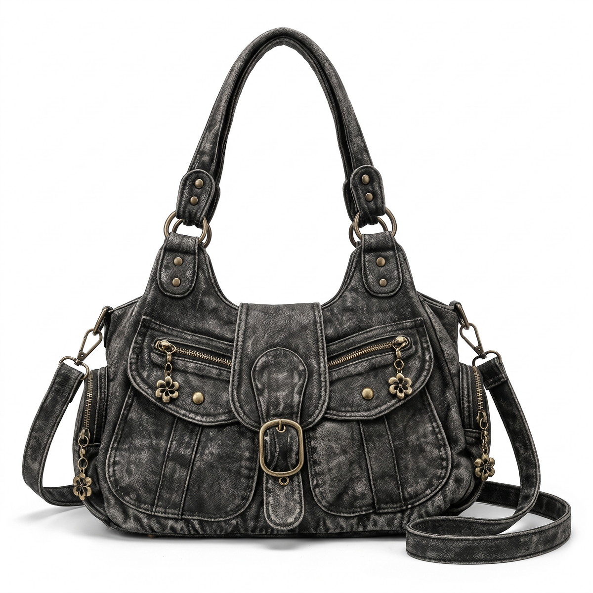 Distressed Denim Shoulder Bag for Women, Black Y2K Buckle Moto Bag