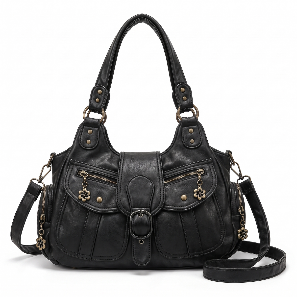 Distressed Denim Shoulder Bag for Women, Black Y2K Buckle Moto Bag