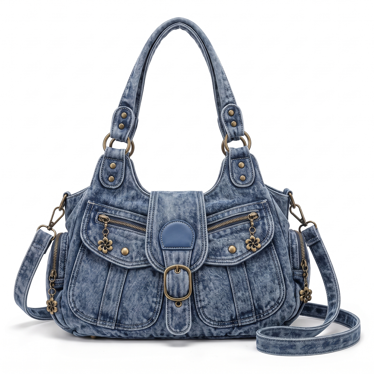Distressed Denim Shoulder Bag for Women, Black Y2K Buckle Moto Bag