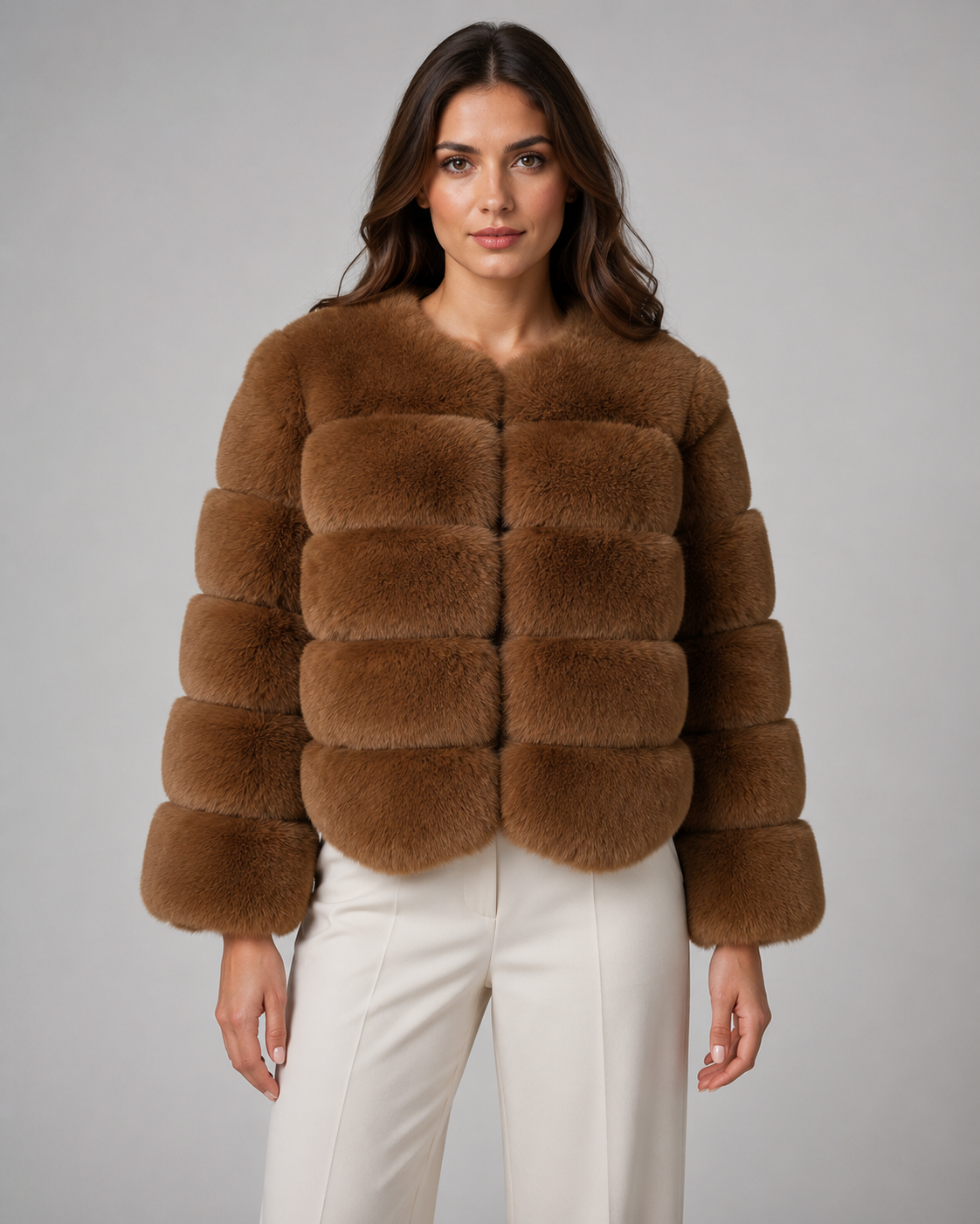 Women's Panelled Faux Fur Jacket – Collarless Cropped Fit