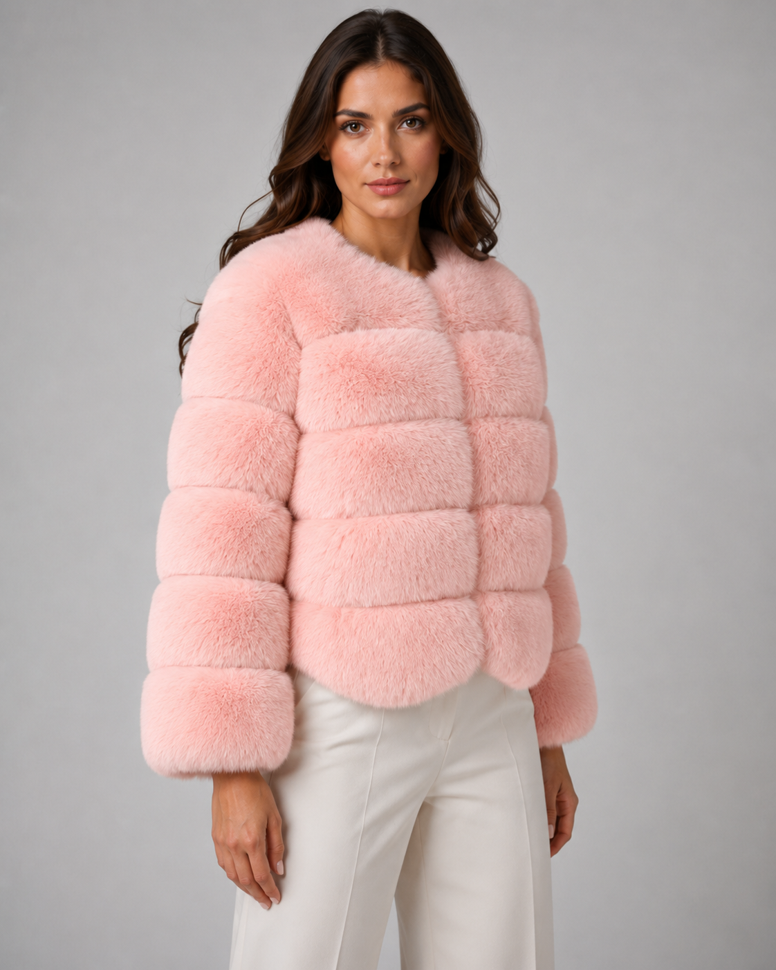 Women's Panelled Faux Fur Jacket – Collarless Cropped Fit
