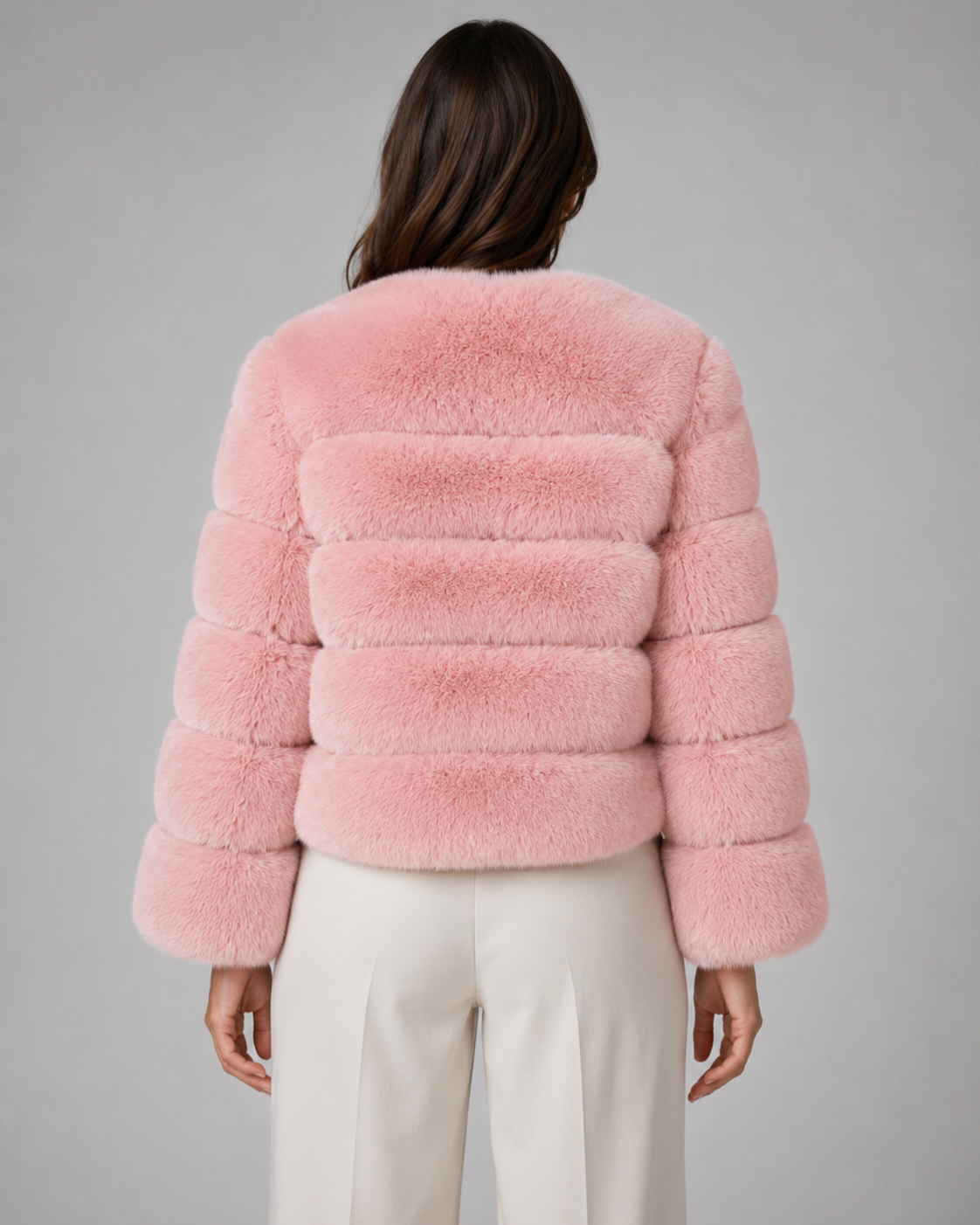 Women's Panelled Faux Fur Jacket – Collarless Cropped Fit