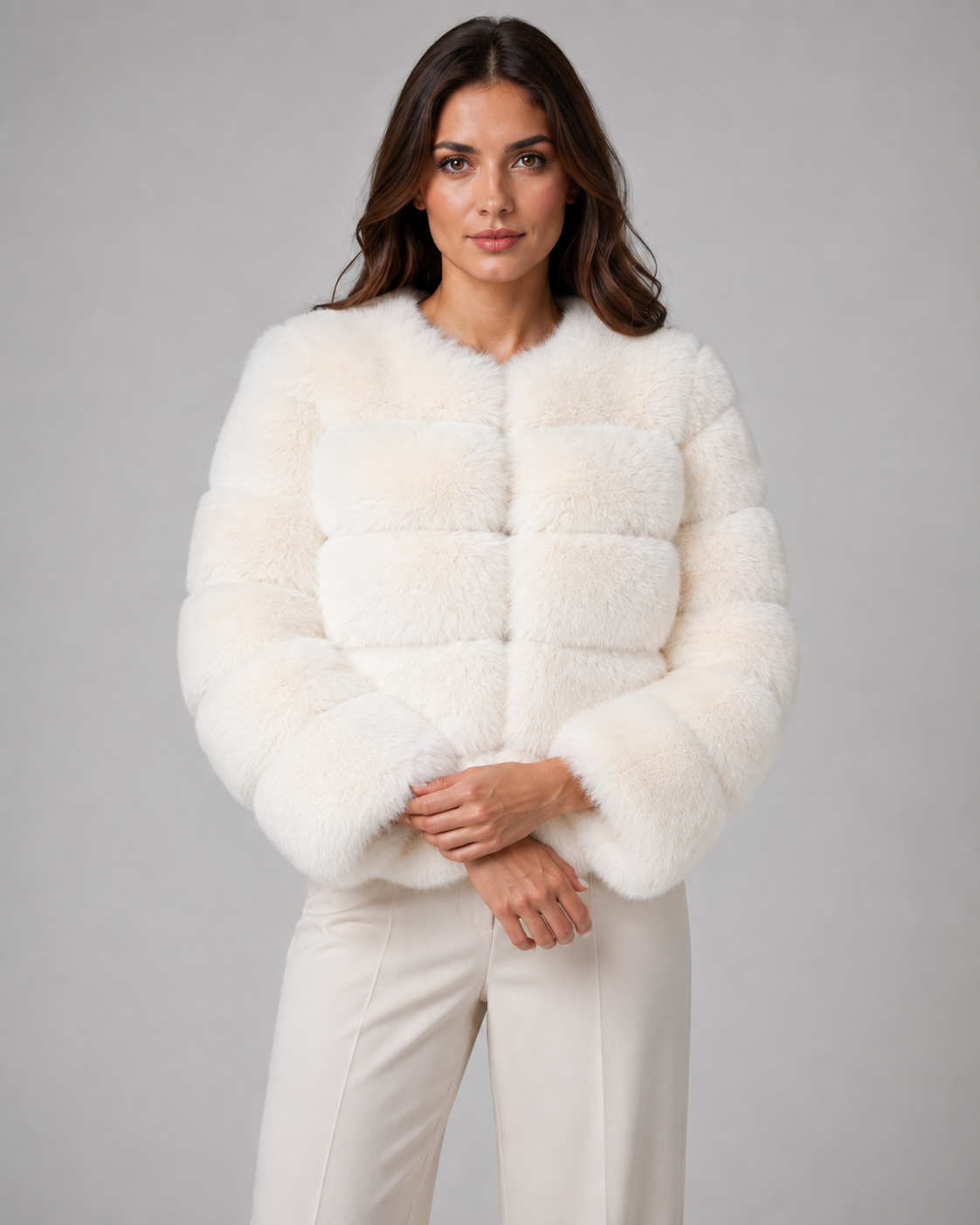 Women's Panelled Faux Fur Jacket – Collarless Cropped Fit