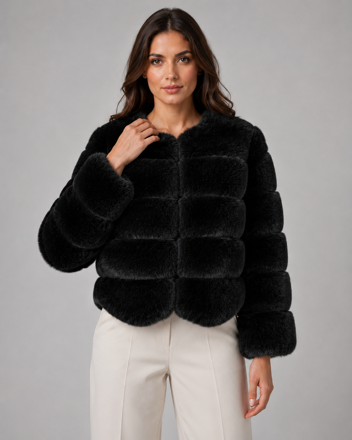 Women's Panelled Faux Fur Jacket – Collarless Cropped Fit