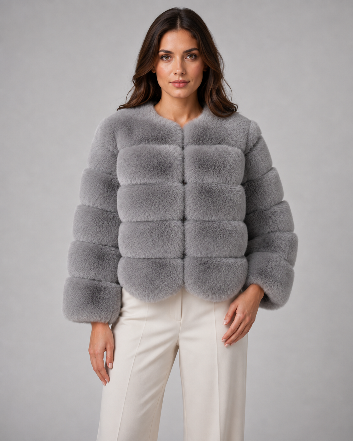 Women's Panelled Faux Fur Jacket – Collarless Cropped Fit