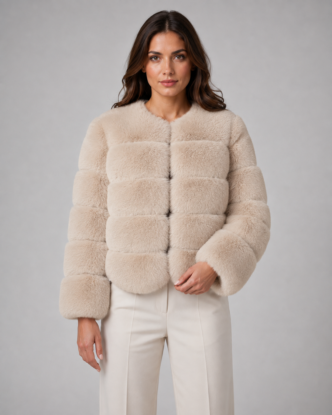 Women's Panelled Faux Fur Jacket – Collarless Cropped Fit