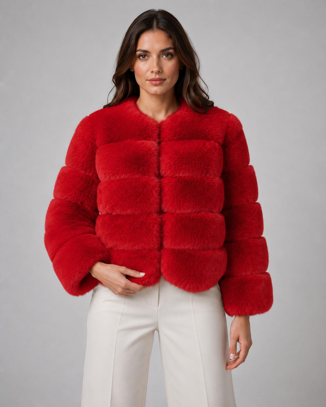 Women's Panelled Faux Fur Jacket – Collarless Cropped Fit