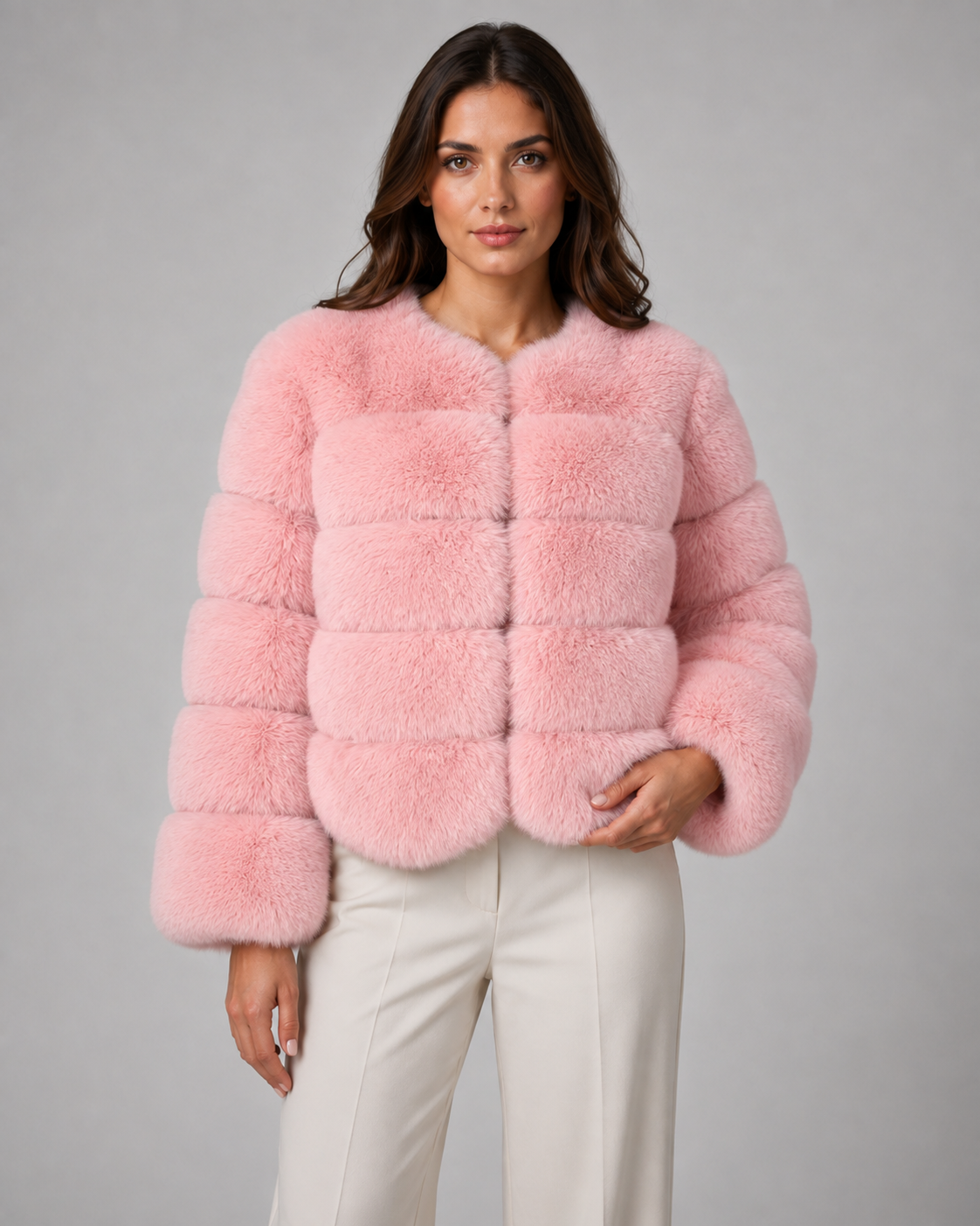 Women's Panelled Faux Fur Jacket – Collarless Cropped Fit