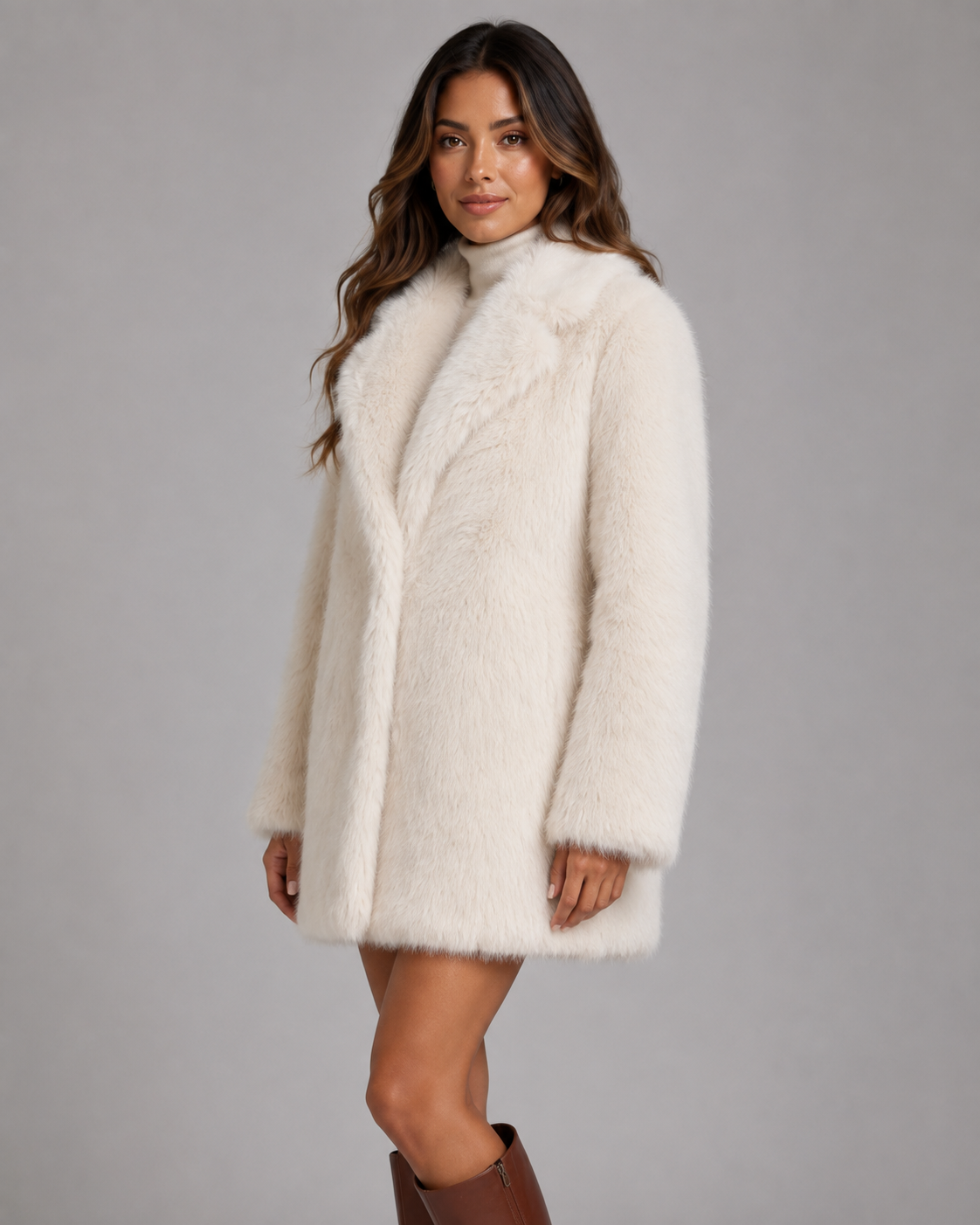 Women's Plush Faux Fur Coat – Shawl Collar Mid Thigh Length