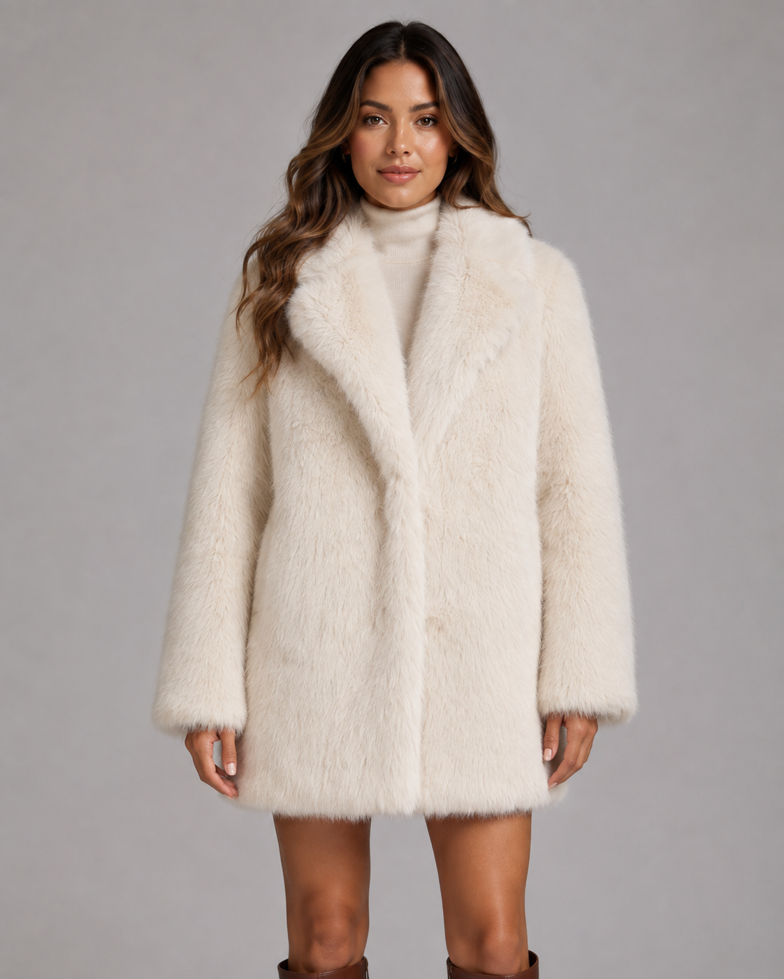 Women's Plush Faux Fur Coat – Shawl Collar Mid Thigh Length