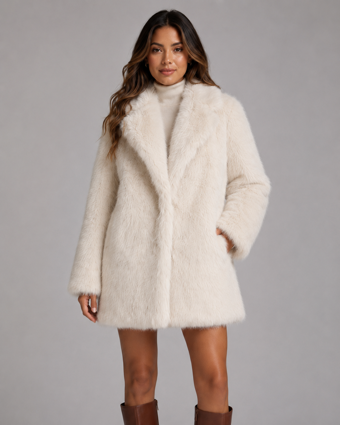 Women's Plush Faux Fur Coat – Shawl Collar Mid Thigh Length