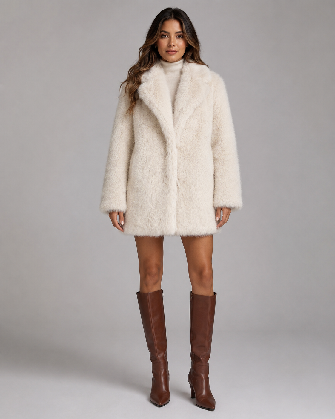 Women's Plush Faux Fur Coat – Shawl Collar Mid Thigh Length
