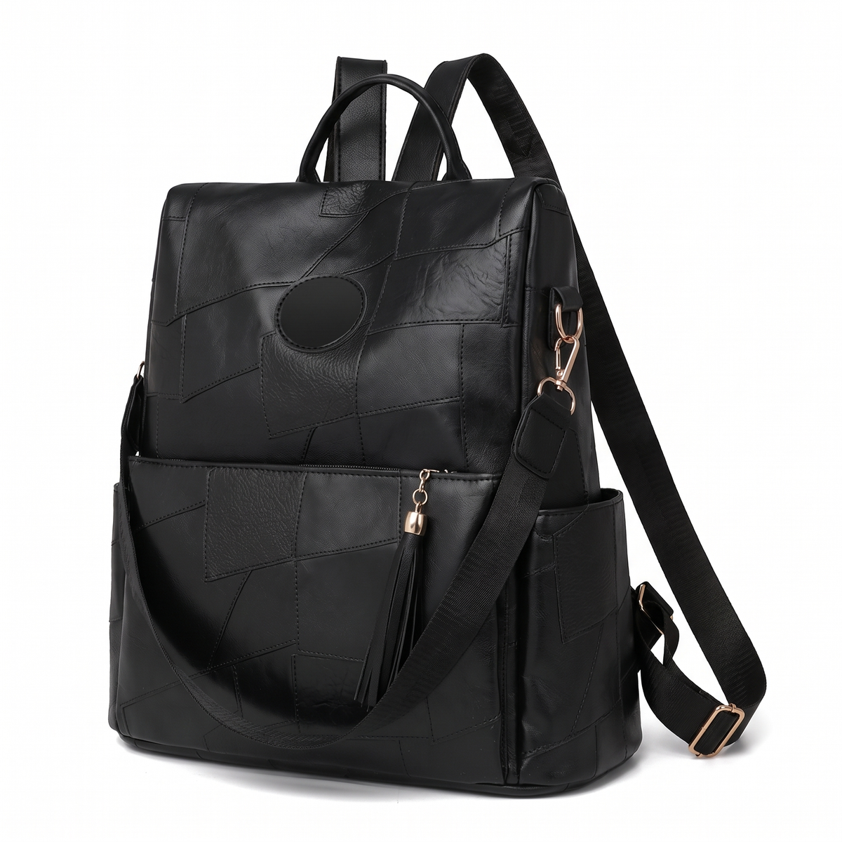 Faux Leather Back Zip Backpack for Women, Black City Backpack Purse