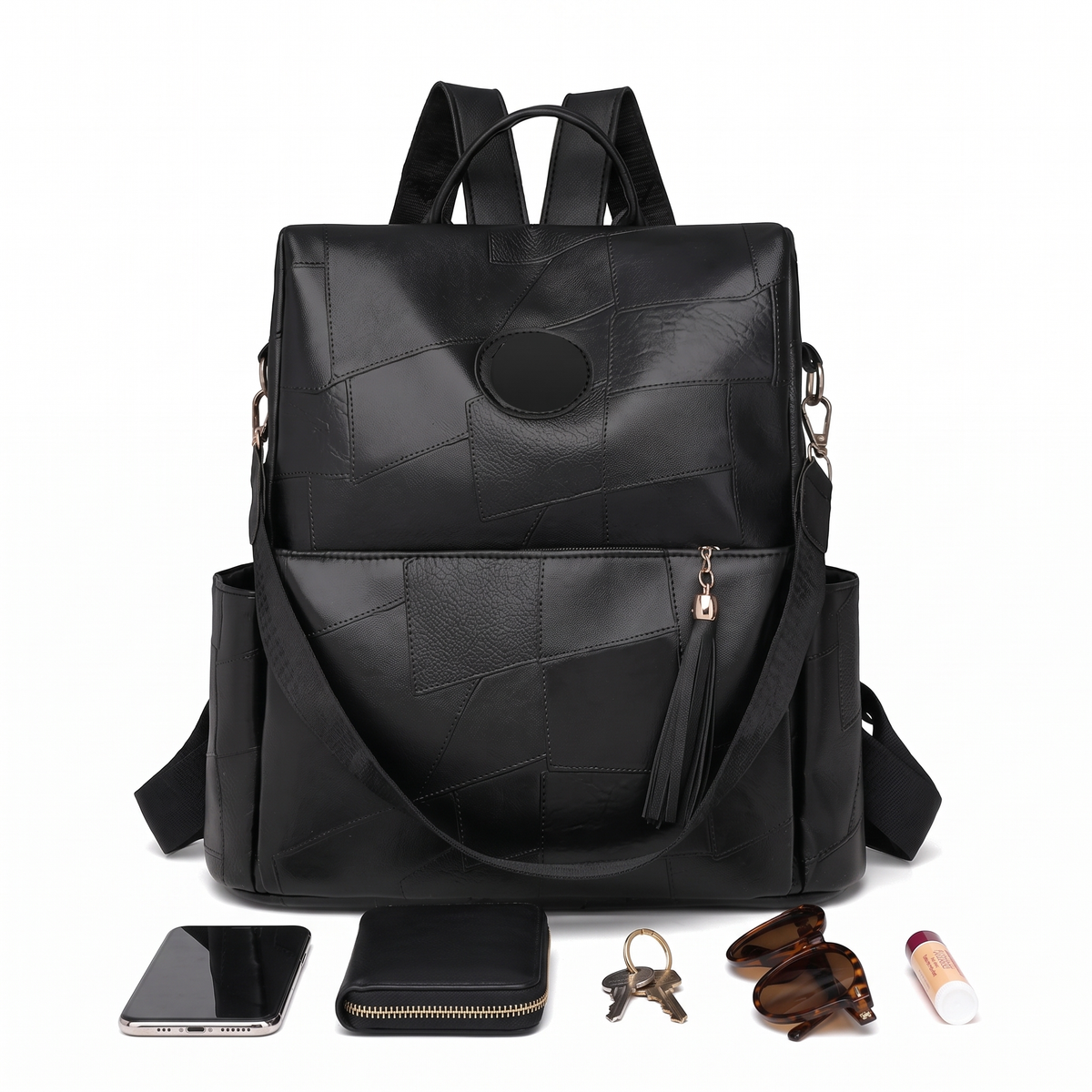 Faux Leather Back Zip Backpack for Women, Black City Backpack Purse