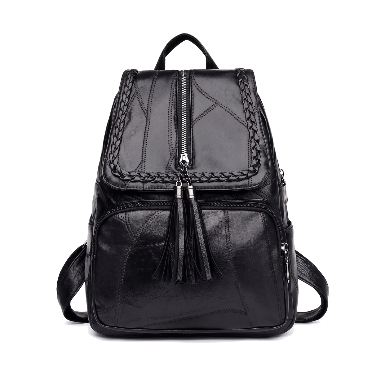 Faux Leather Braided Flap Backpack for Women, Black City Backpack Purse