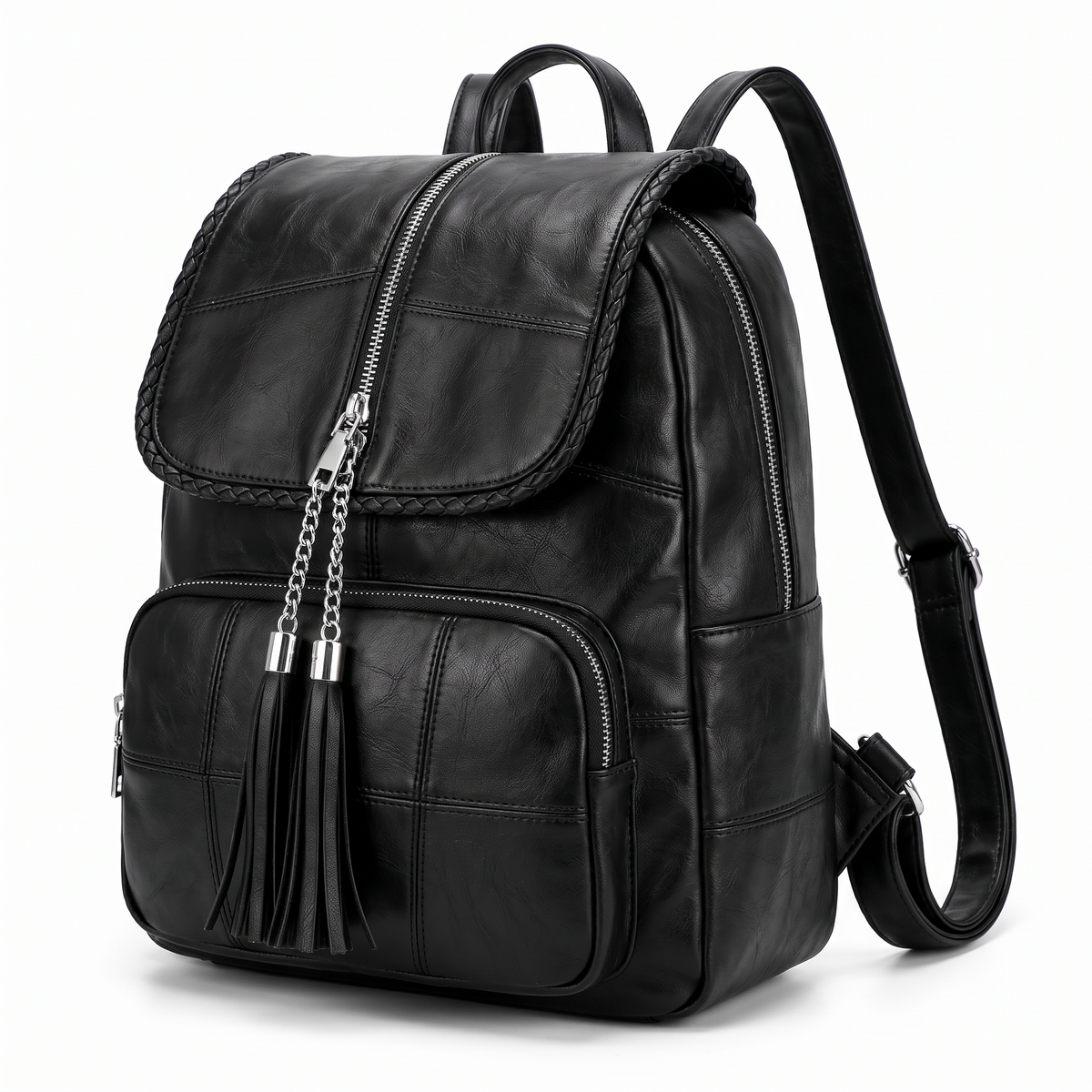 Faux Leather Braided Flap Backpack for Women, Black City Backpack Purse