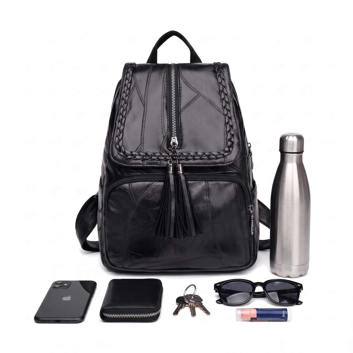 Faux Leather Braided Flap Backpack for Women, Black City Backpack Purse