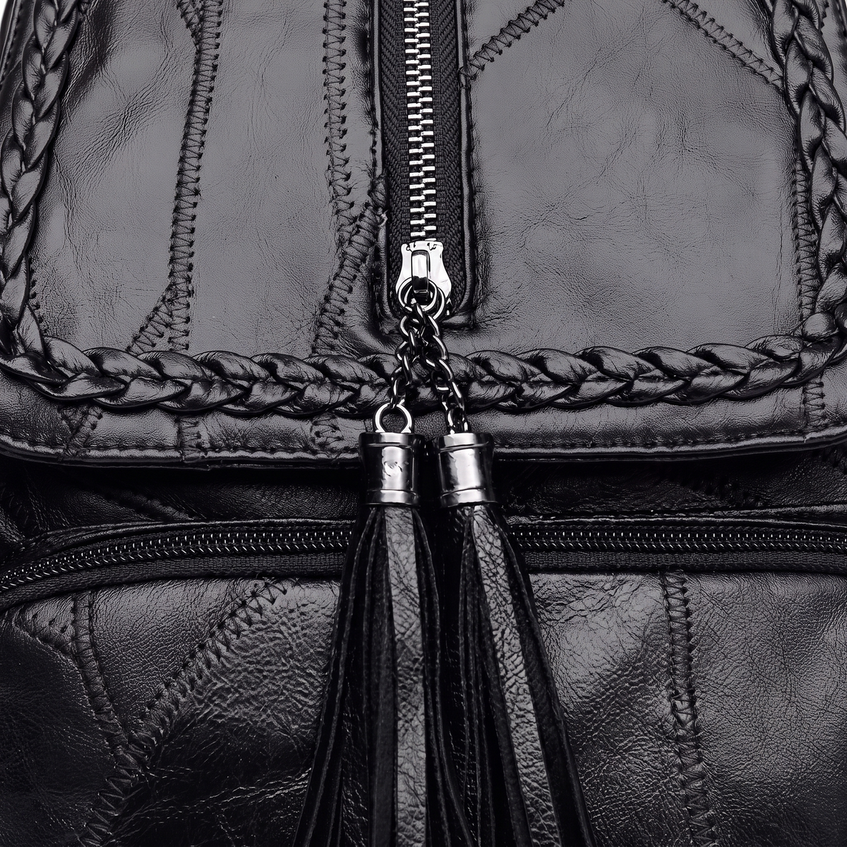 Faux Leather Braided Flap Backpack for Women, Black City Backpack Purse