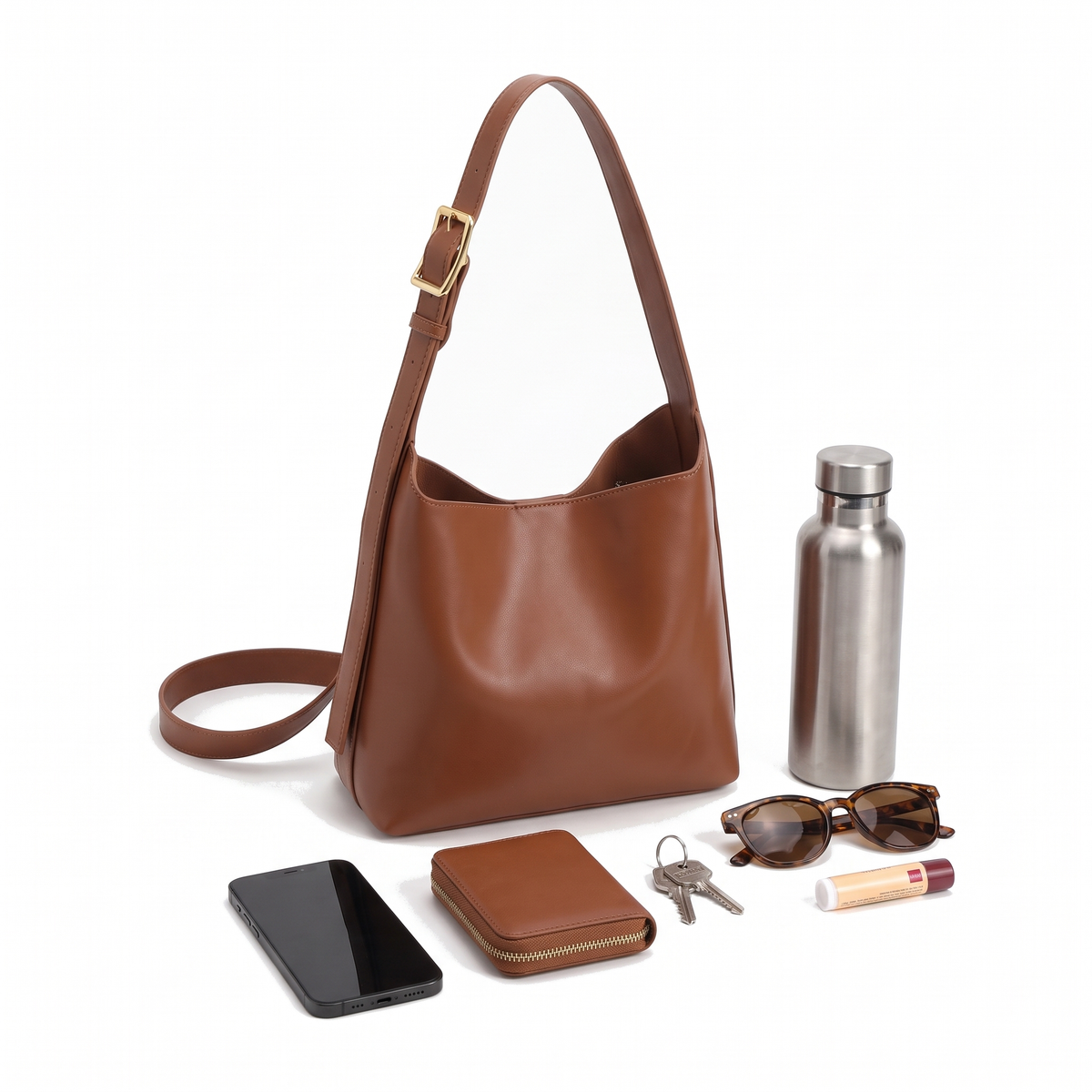 Faux Leather Bucket Bag for Women, Brown Shoulder Bag