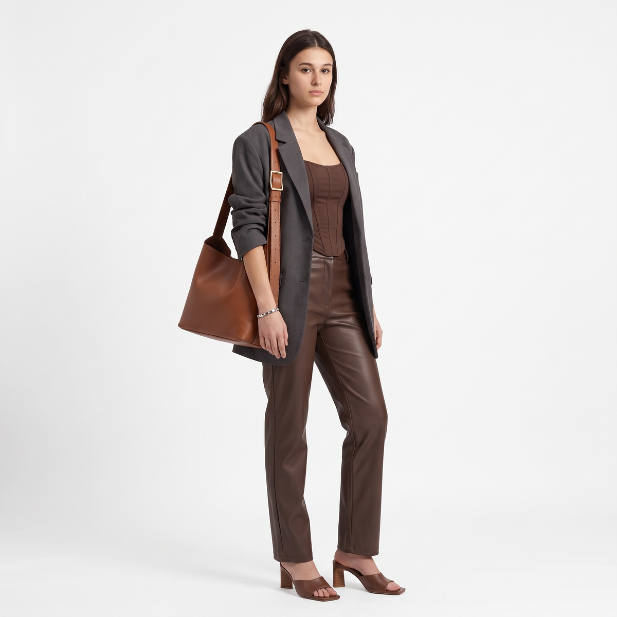 Faux Leather Bucket Bag for Women, Brown Shoulder Bag