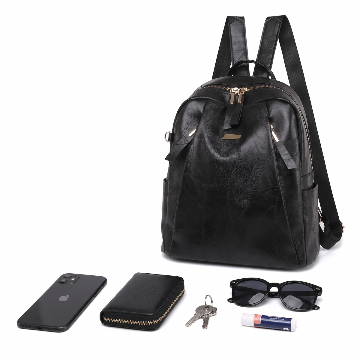 Faux Leather Dome Backpack for Women, Black City Backpack Purse