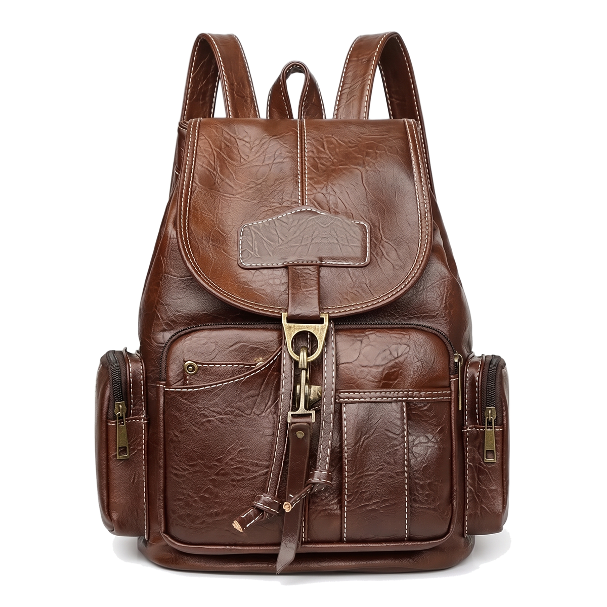 Faux Leather Drawstring Backpack for Women, Dark Brown Everyday Casual Backpack Purse