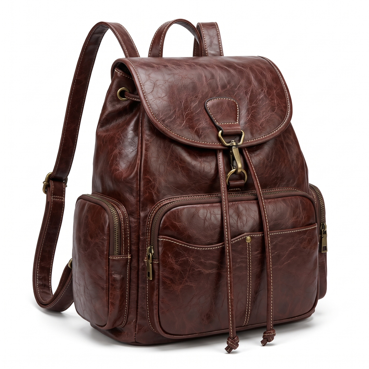 Faux Leather Drawstring Backpack for Women, Dark Brown Everyday Casual Backpack Purse
