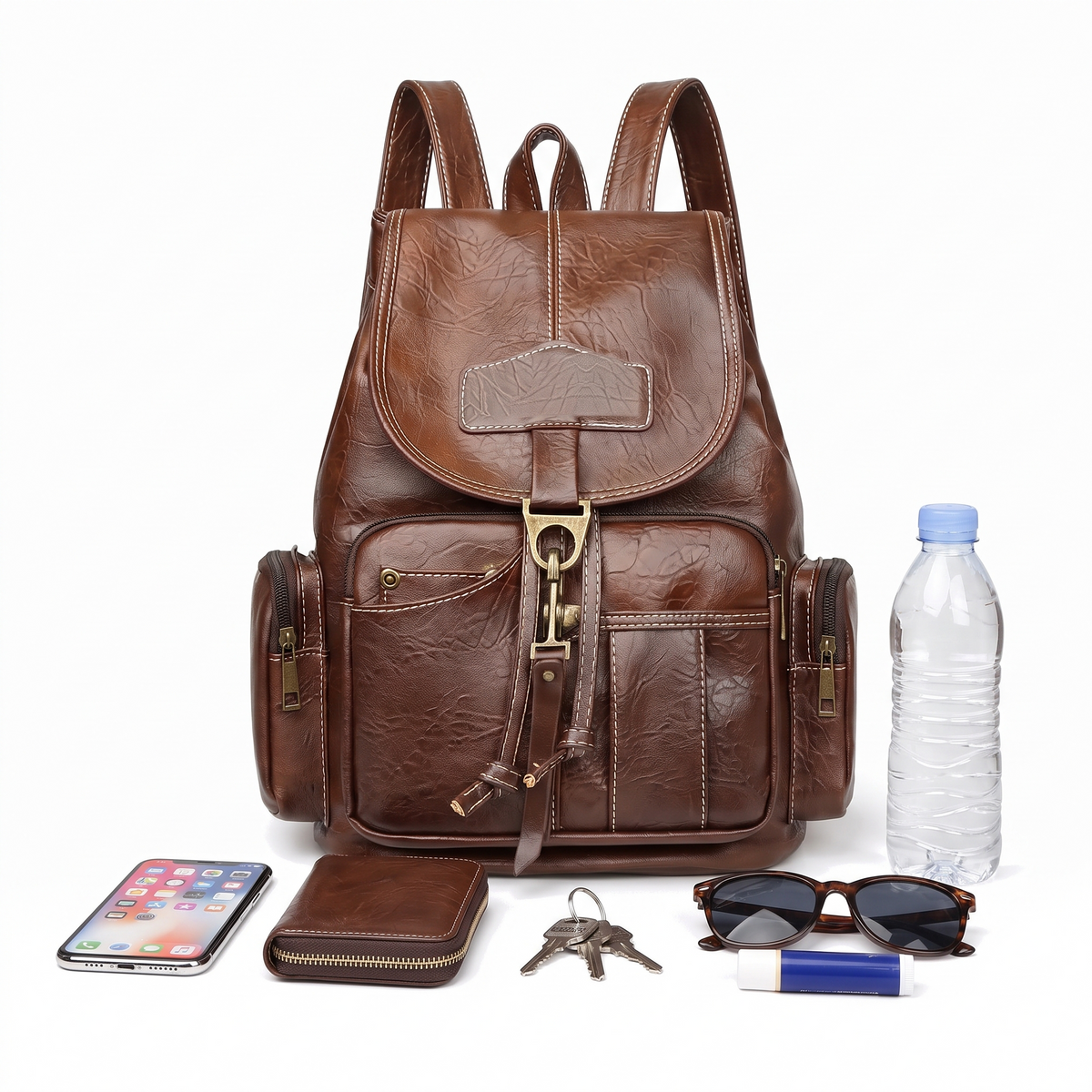 Faux Leather Drawstring Backpack for Women, Dark Brown Everyday Casual Backpack Purse