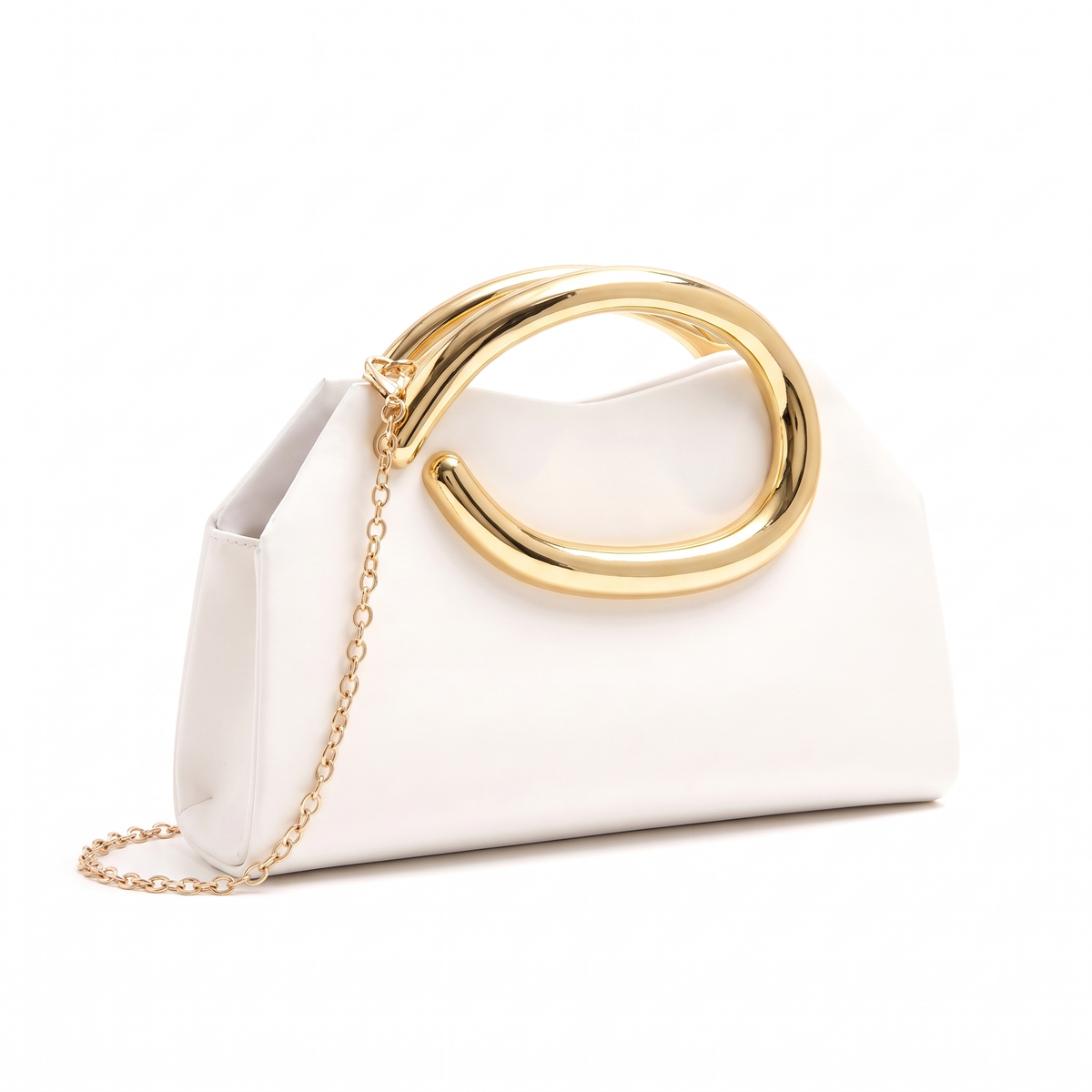 Faux Leather Evening Clutch for Women, White Gold Ring Handle Clutch Bag