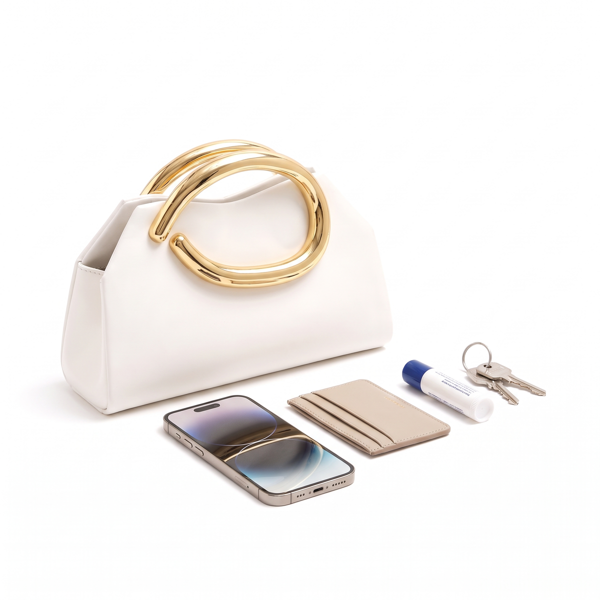 Faux Leather Evening Clutch for Women, White Gold Ring Handle Clutch Bag