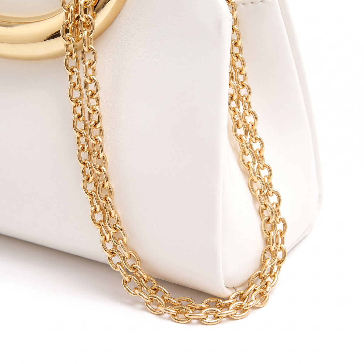 Faux Leather Evening Clutch for Women, White Gold Ring Handle Clutch Bag